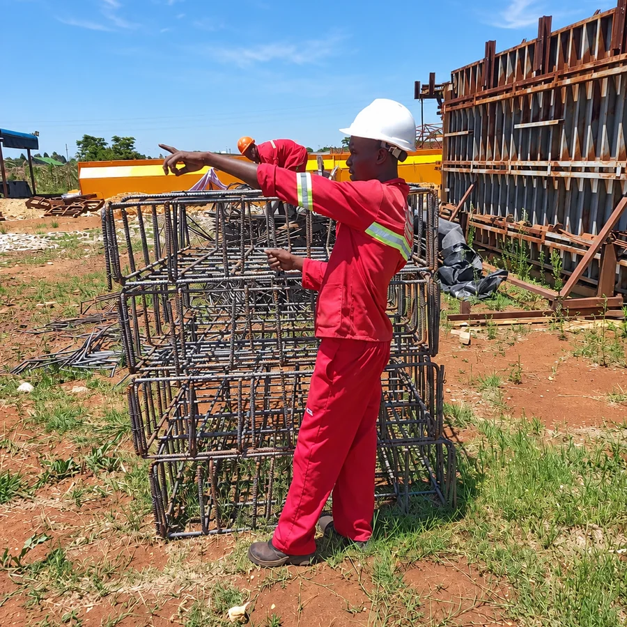 Steel Total worker beside assembled reinforcement cages
