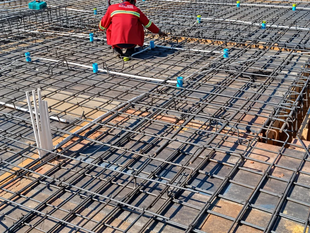 Steel Total worker fixing a slab reinforcement grid